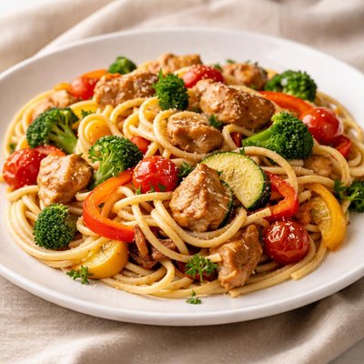 Spaghetti with vegetables and meat