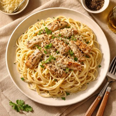 Espaguetis con salsa blanca y pollo