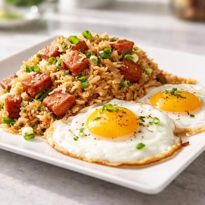 Spam rice and two eggs with garlic and green onion