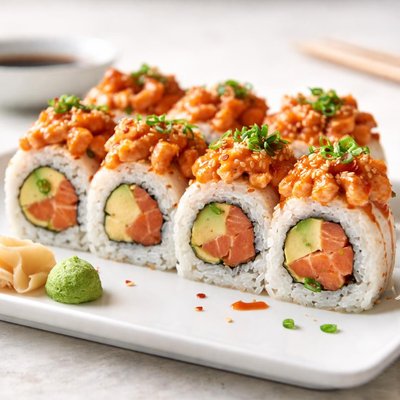 Spicy avocado salmon sushi roll