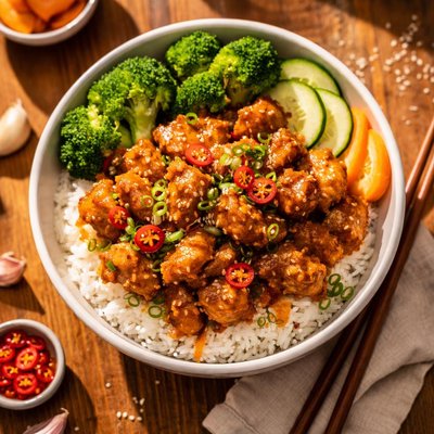 Spicy garlic chicken rice bowl from bun-d