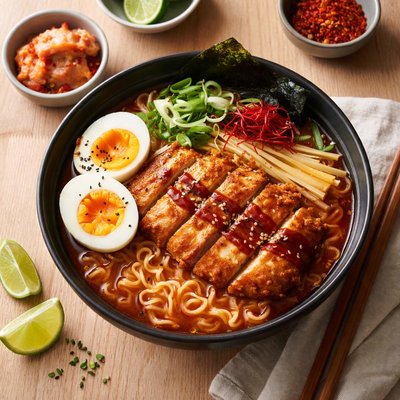 Ramen picante japonés con tamago y katsu