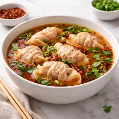 Spicy pork dumpling soup