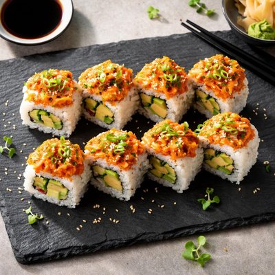 Spicy salmon sushi roll with avocado