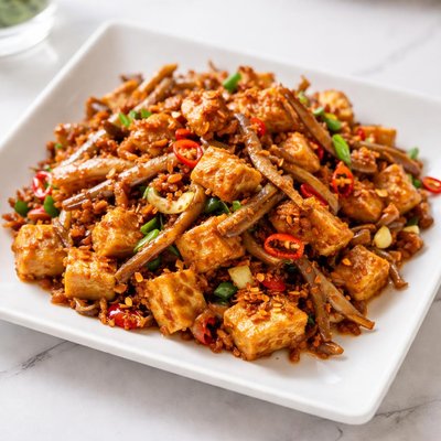 Spicy stir fry tempeh with anchovies