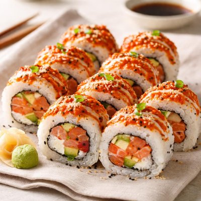 Spicy tuna and salmon sushi roll