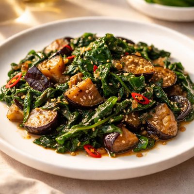 Spinach eggplant stirfry