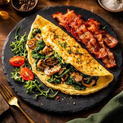 Spinach mushroom omelette bacon