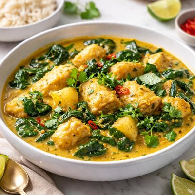 Spinach potato and fish curry