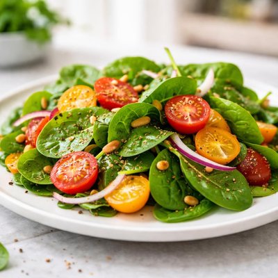 Spinach salad with cherry tomatoes and dressing