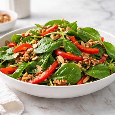 Spinach salad with red bell peppers and nuts