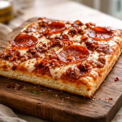 方形意大利辣香肠和培根披萨