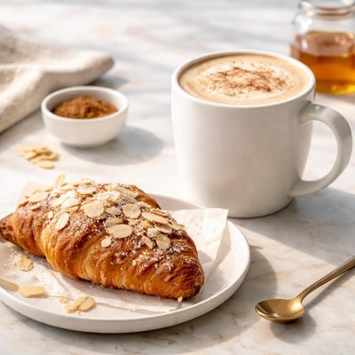 星巴克中杯红茶拿铁和杏仁牛角包