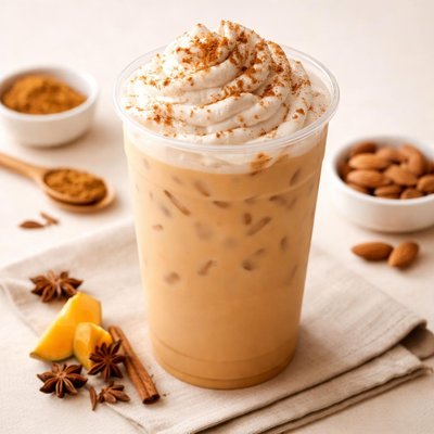 Starbucks venti iced pumpkin chai tea latte with almond milk