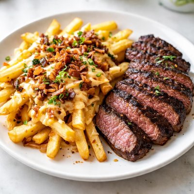 Papas fritas con carne y queso