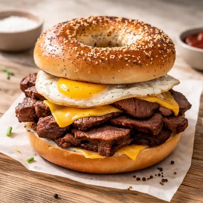 Steak and egg bagel with extra steak