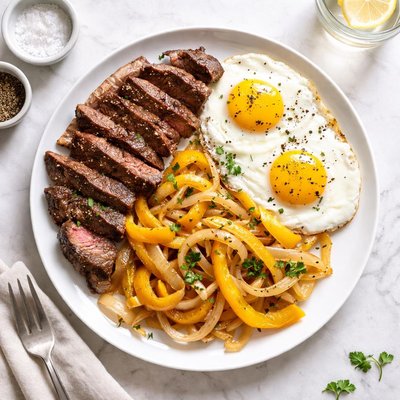 Steak and eggs with onion and yellow bell pepper