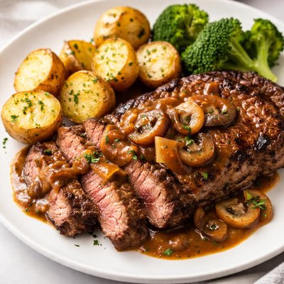 Steak and potatoes with gravy