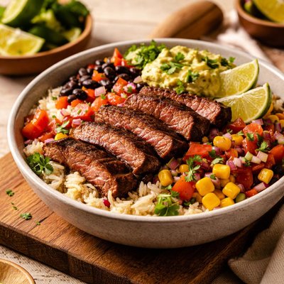 Steak and rice burrito bowl