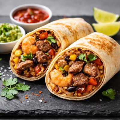 Steak and shrimp burrito