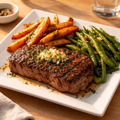 Steak beans and sweet potato chips