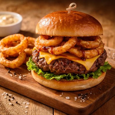 Steak burger with cheese and onion rings
