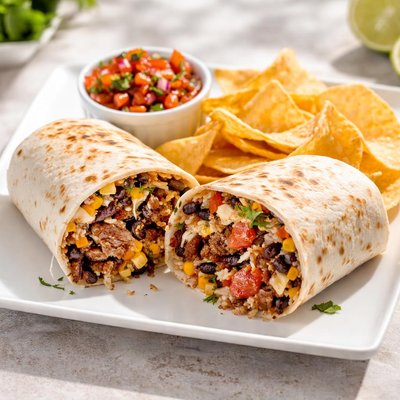 Steak burrito with chips and salsa