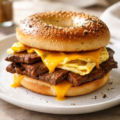 Steak egg and cheese bagel