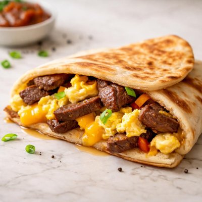 Steak egg and cheese flatbread