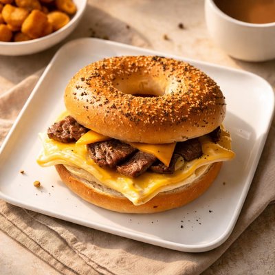 Steak egg and chesse bagel