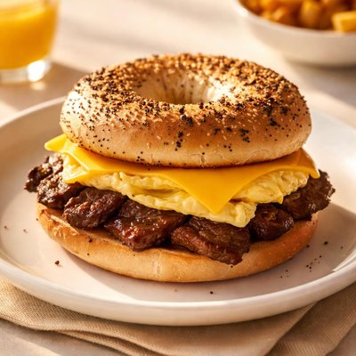Steak egg cheese bagel