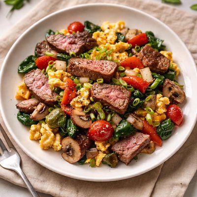 Steak egg veggie scramble