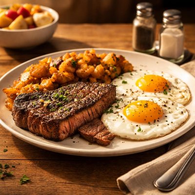 Steak eggs and potatoes