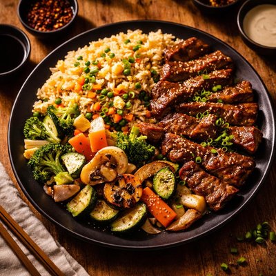 Steak hibachi with rice and vegetables