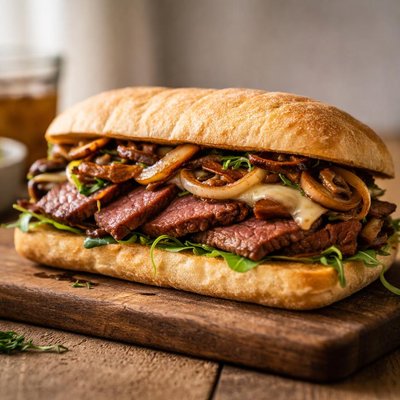 Steak sandwich with onions and mushrooms