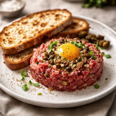 Carne tártara y pan de masa madre