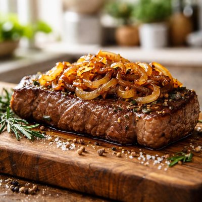 Steak with caramelized onions
