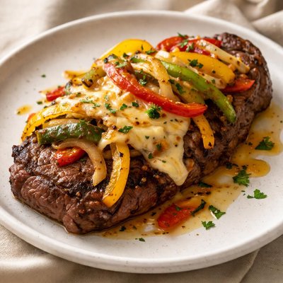 Steak with cheese and peppers