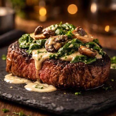 Steak with creamy mushrooms and spinach