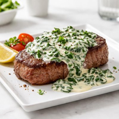 Steak with creamy spinach sauce