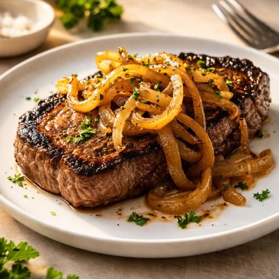 Steak with fried onions