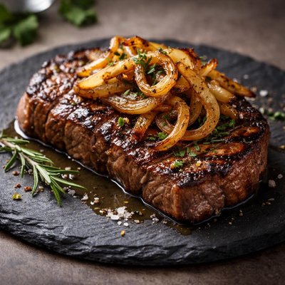 Steak with grilled onions