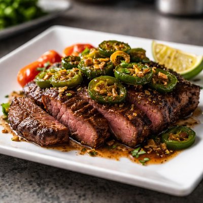 Steak with jalapenos