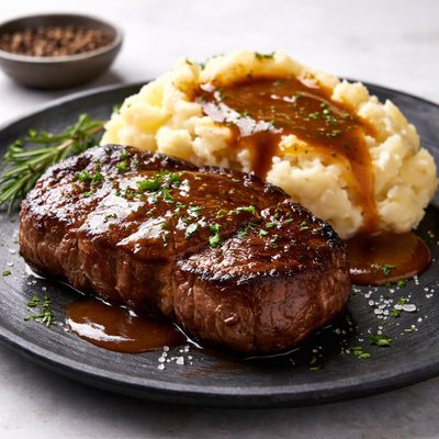 Steak with mashed potatoes and gravy