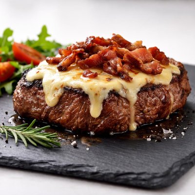 Steak with melted cheese and bacon