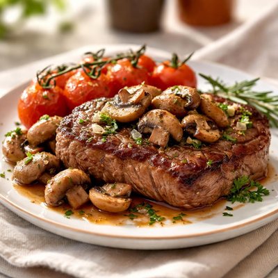 Steak with mushrooms and cherry tomatoes