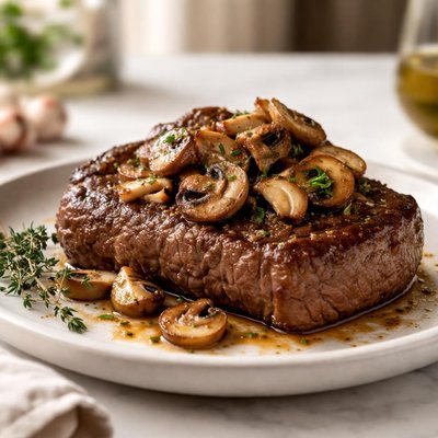 Steak with mushrooms and garlic