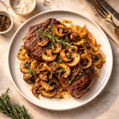 Steak with mushrooms and onions