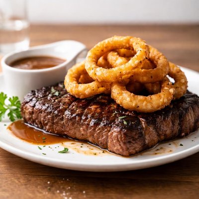 Steak with onion rings and gravy