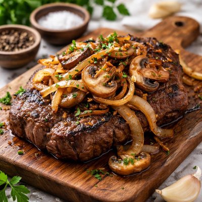 Steak with onions and mushrooms